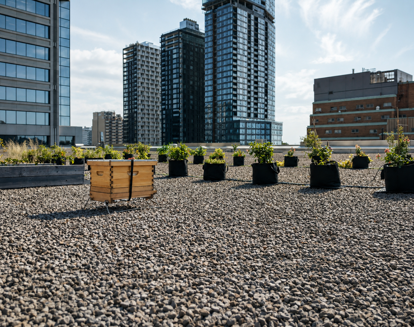 Ruche d'Alvéole sur un toit de gravier avec des plantations pour pollinisateurs, avec la ligne d'horizon de Montréal en arrière-plan