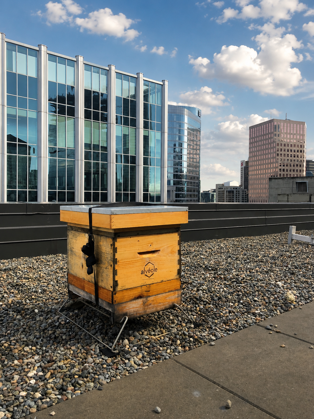Alvéole beehive on a gravel rooftop overlooking downtown Vancouver