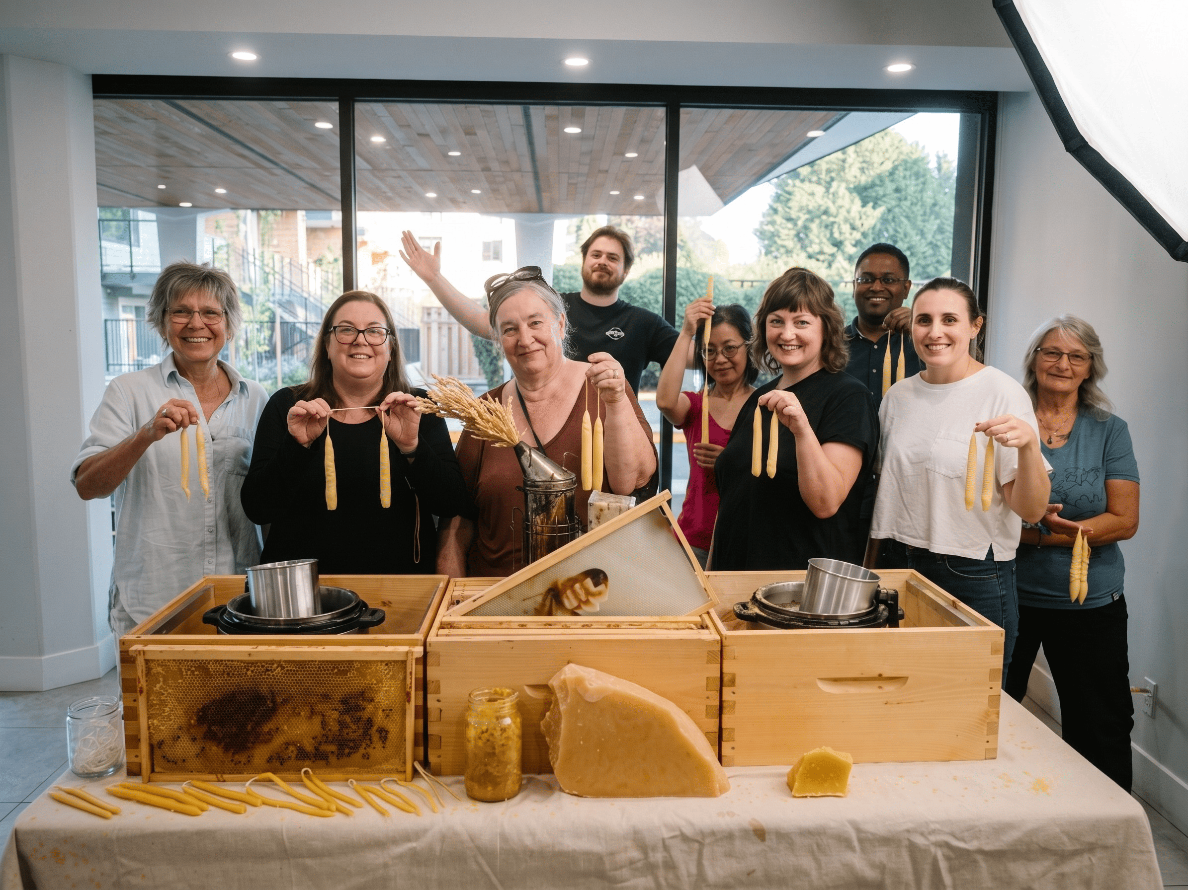Résidents fabriquant des bougies en cire d'abeille lors d'un atelier Alvéole pour Starlight Investments à Victoria