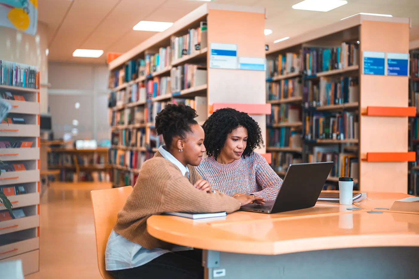 Two educators working together on a laptop in a school library