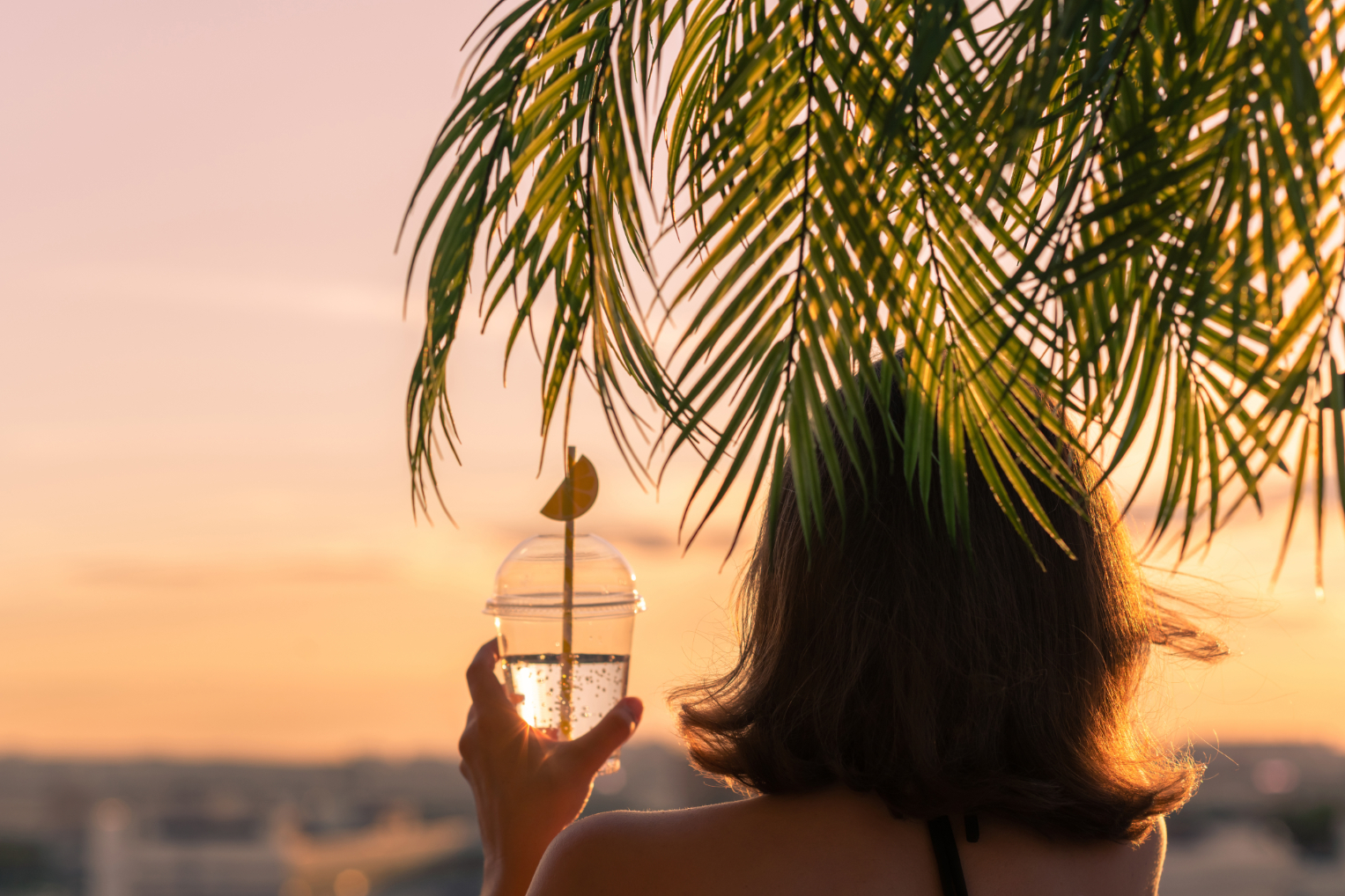 Woman with drink under palm tree t sunset stock image