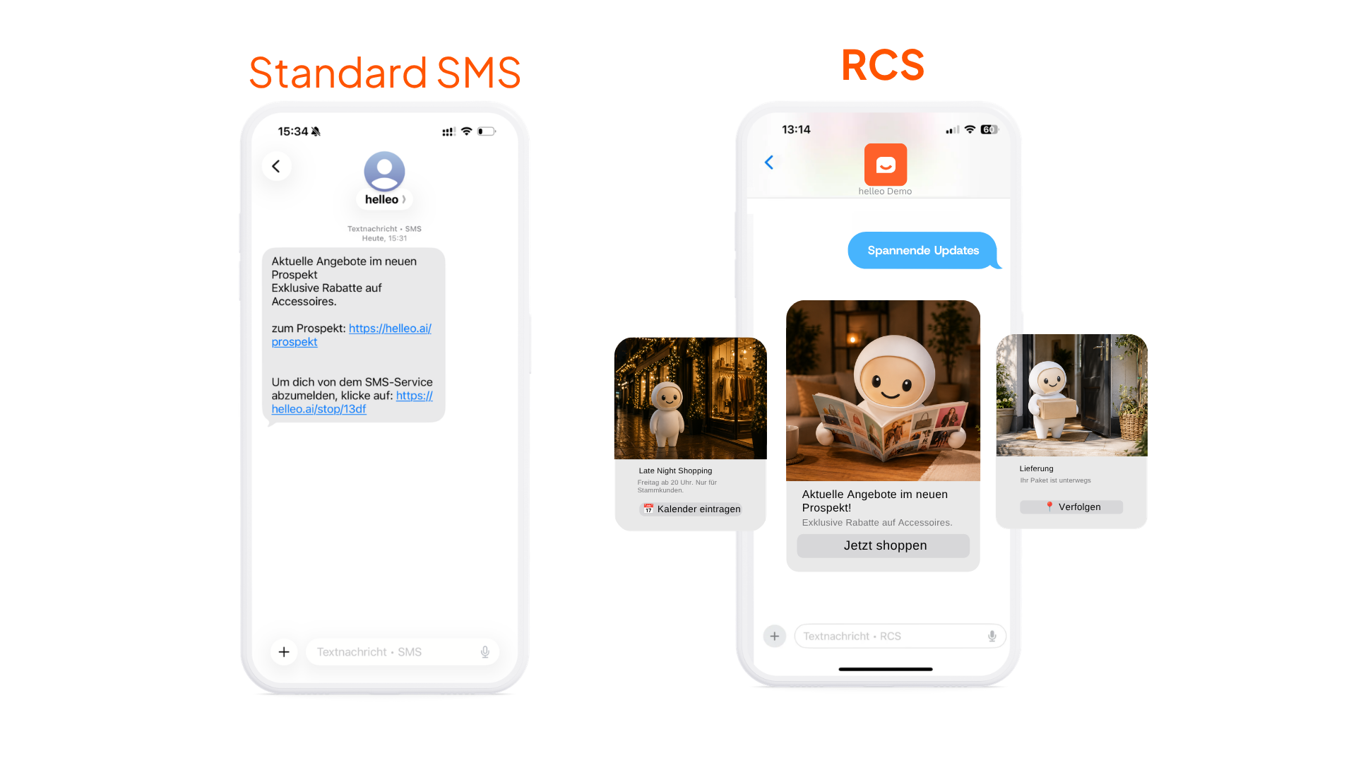 Vergleich zwischen einer Standard SMS und einer RCS Nachricht mit Karussell und Buttons auf zwei Smartphones