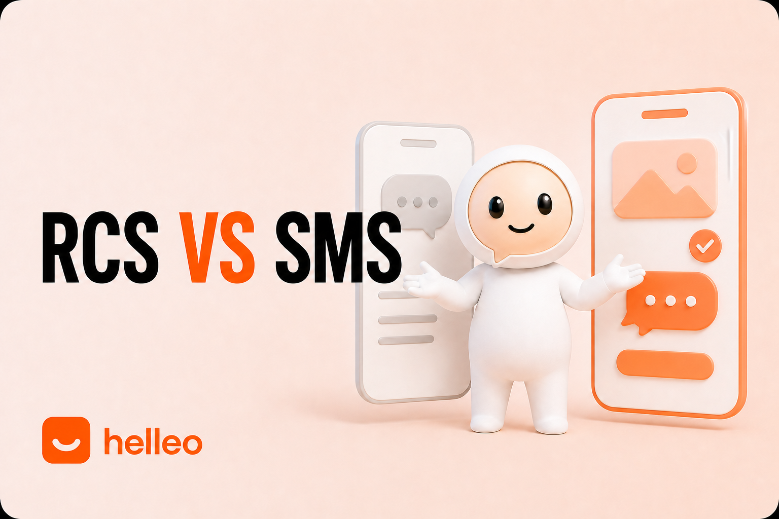 Vergleich zwischen einer Standard SMS und einer RCS Nachricht mit Karussell und Buttons auf zwei Smartphones