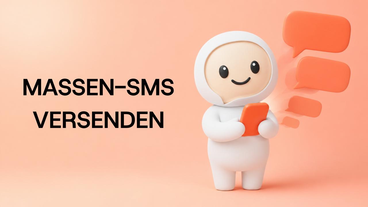 Massen-SMS versenden: Figur mit Smartphone und mehreren Nachrichten-Sprechblasen