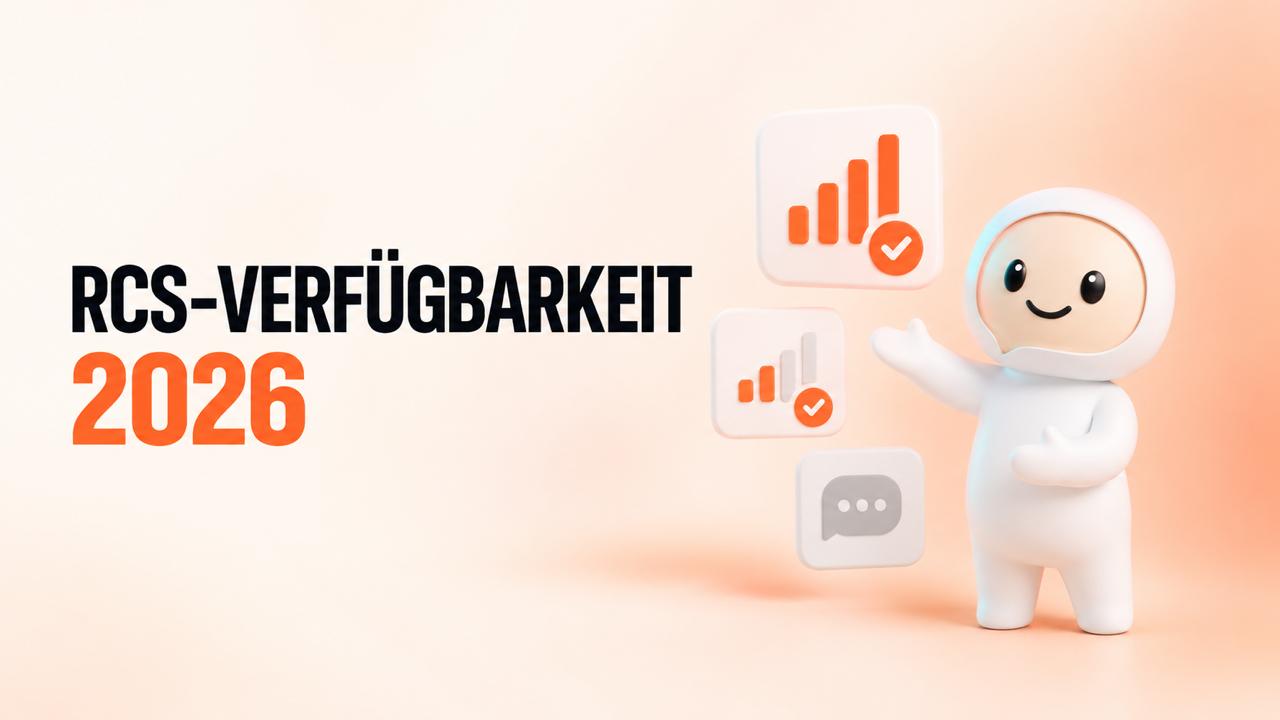 RCS-Verfügbarkeit 2026: Illustration mit Maskottchen, Mobilfunksignal und Nachrichtensymbol
