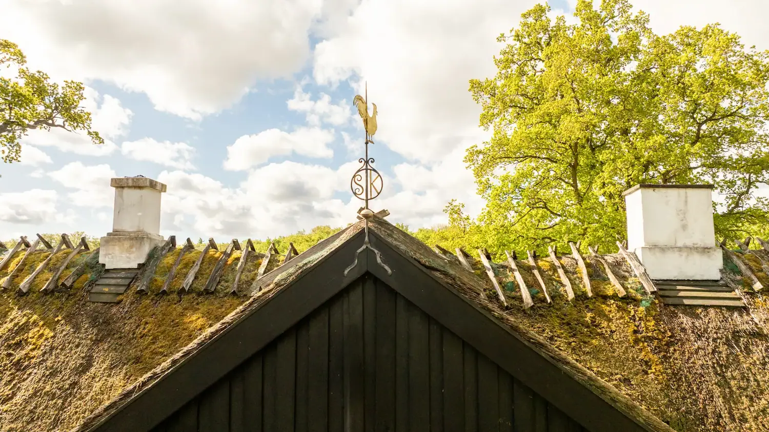Stråtækt tag med to hvide skorstene og vejrhaner i form af en hane mod en skyet himmel.