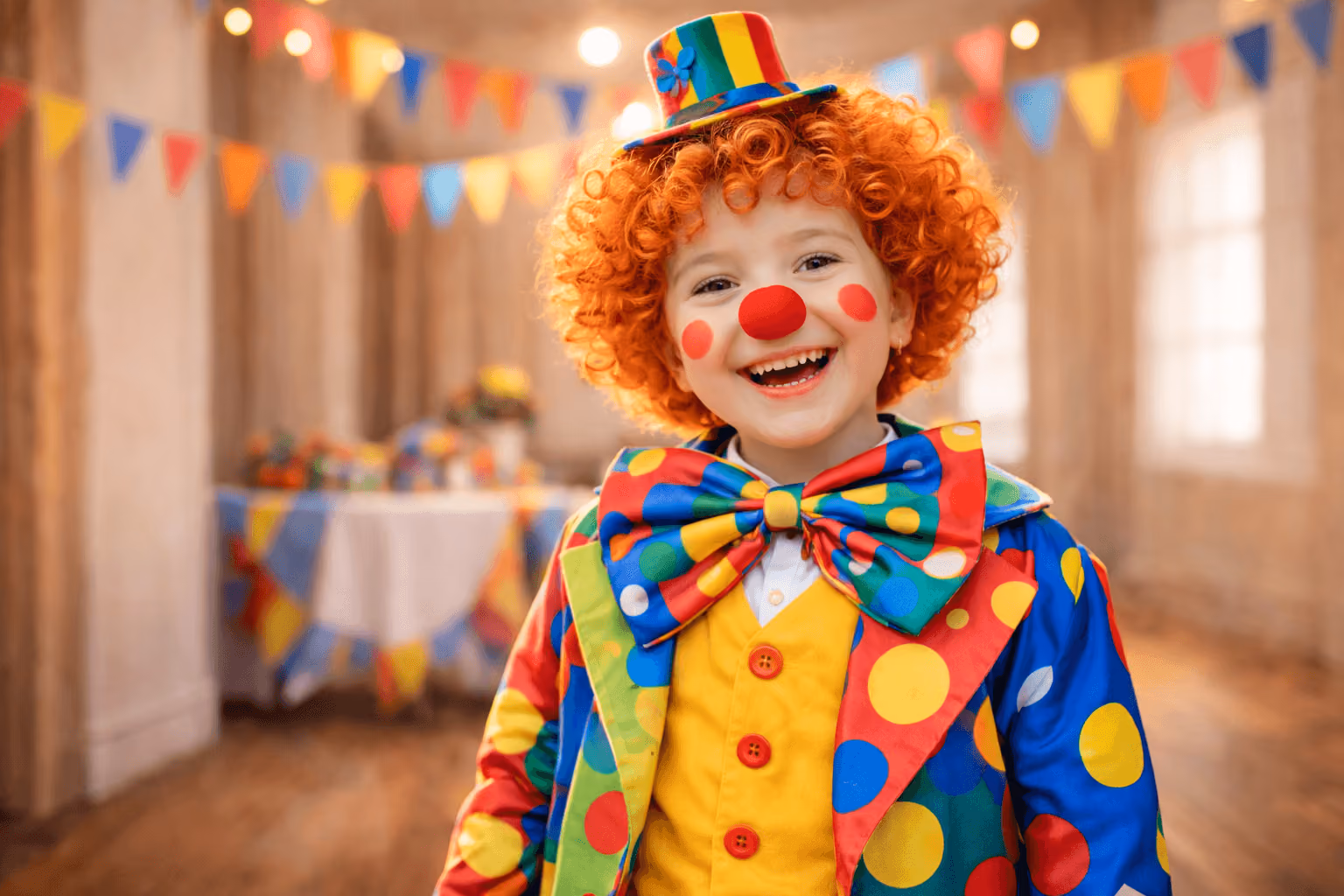 A child dressed in a holiday costume as clown smiles at the camera with a party setup in the background.