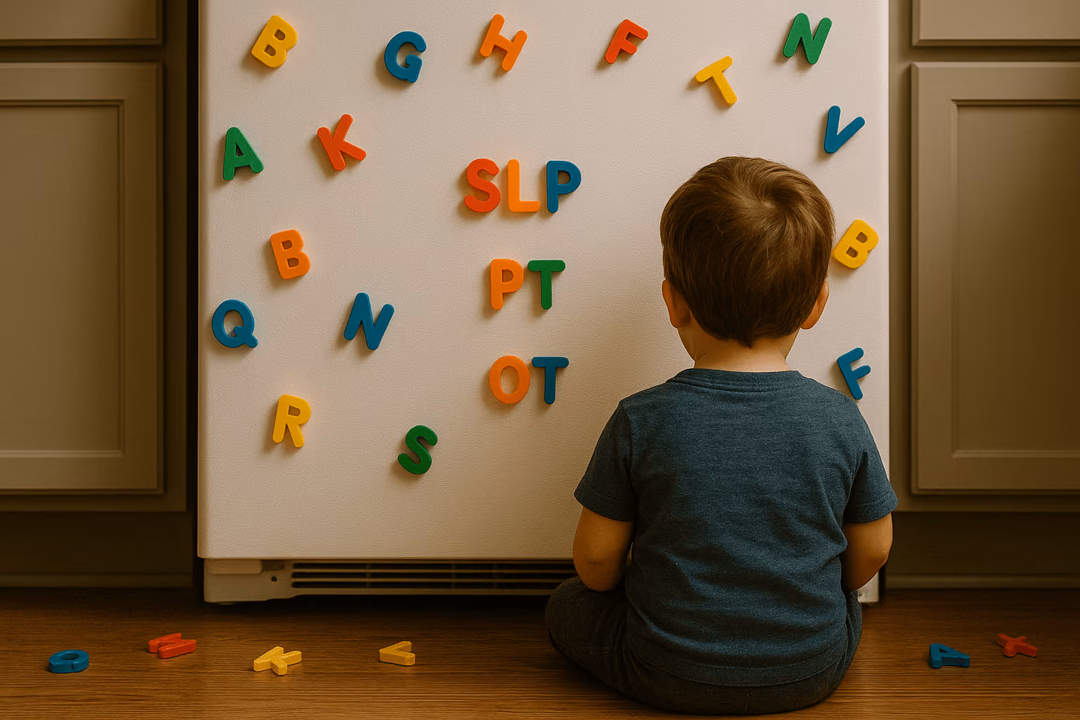Toddler exploring letter magnets marked SLP, OT, and PT, representing speech, occupational, and physical therapy services