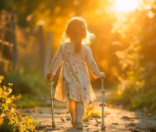 A young girl with leg braces walks with crutches on a path aglow from a bright sun
