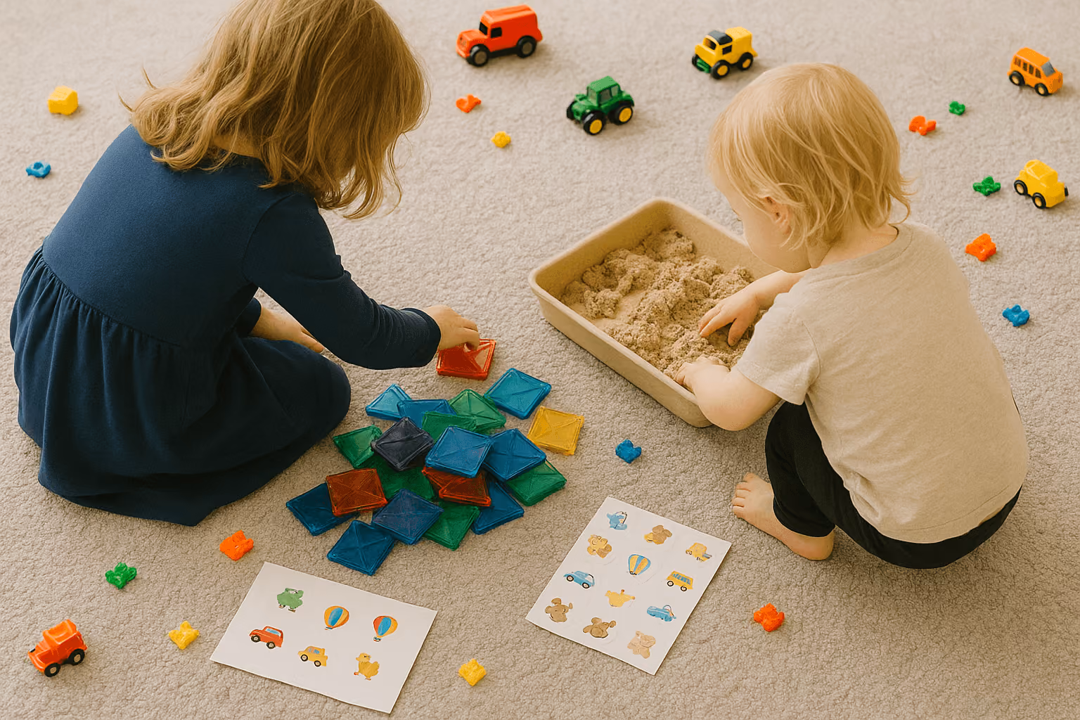 Two young children playing on the floor with sensory bins, toys, and activity cards, illustrating structured play and routine strategies for days without school or childcare