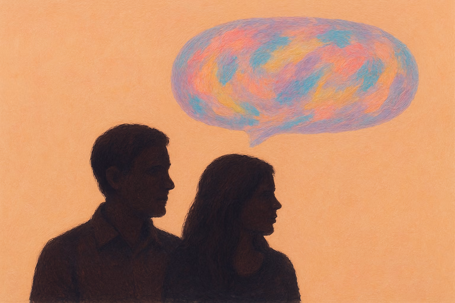 Two parents stand side by side in silhouette, looking forward, with a colorful speech bubble above them, symbolizing open conversation, sharing, and emotional support.