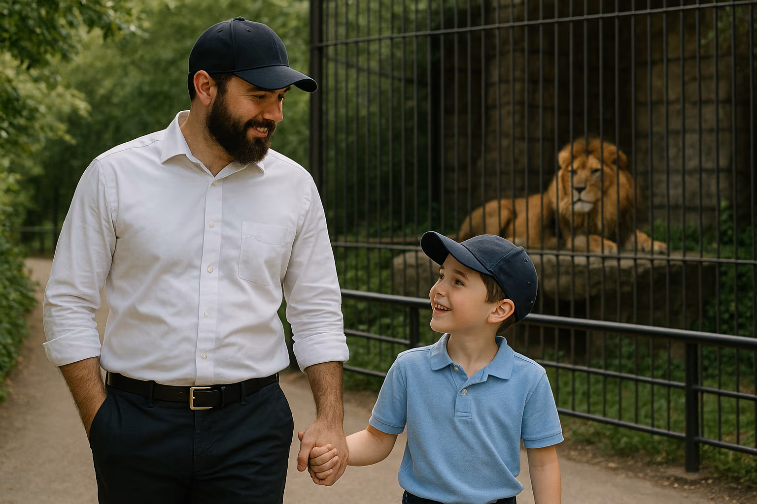 A father and son stroll through the zoo, hand-in-hand