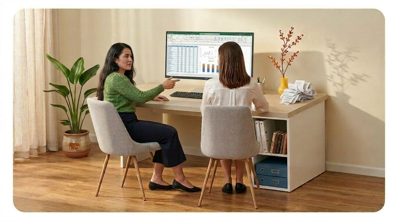 Two women sit together at a computer, reviewing a self-direction budget for OPWDD services