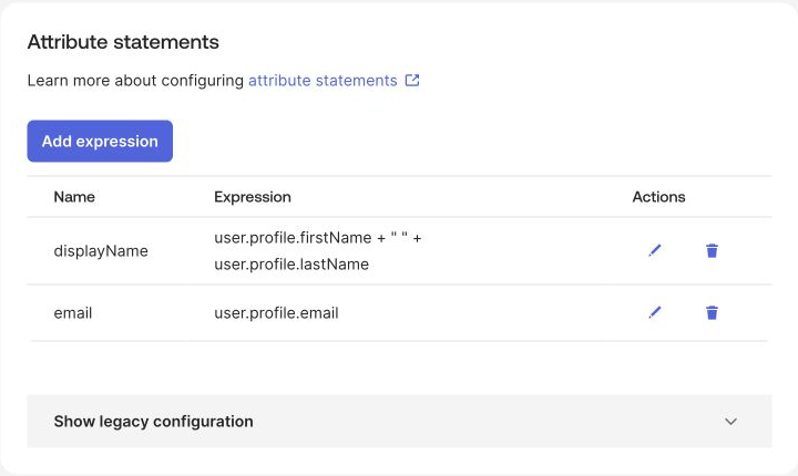 Okta attribute statements for email and display name