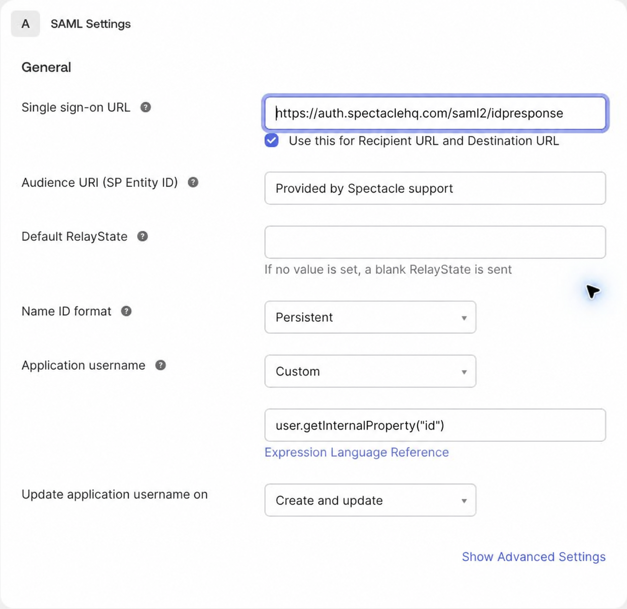 Okta SAML settings with a persistent NameId and custom username