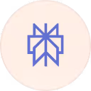 Abstract geometric logo with interlocking blue shapes on a pale circular background.