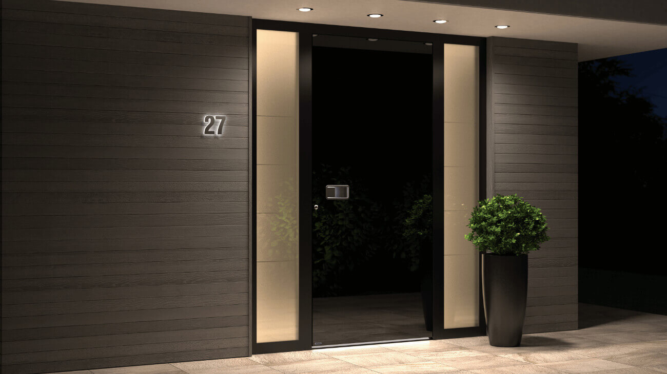 Modern black-framed glass entry door installation by Dream Room Inc.