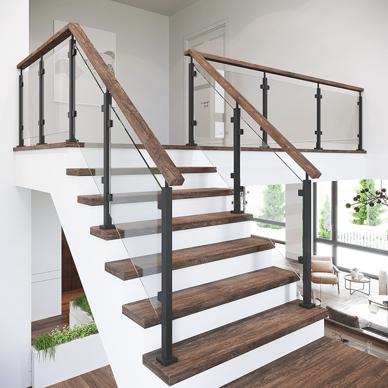 Custom frameless glass staircase railing designed for residential renovation projects.