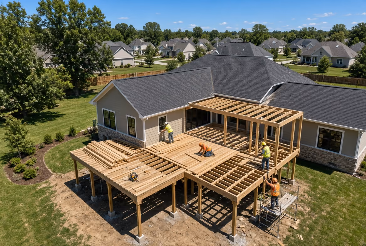 Three workers building a large wooden deck attached to a house in a suburban neighborhood.
