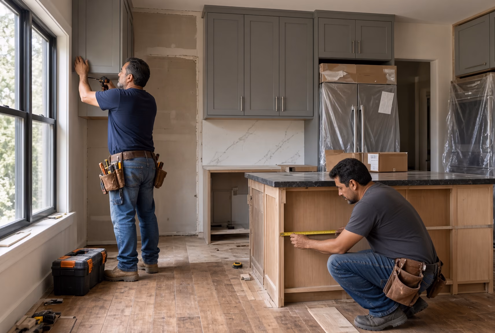 Two tradesmen working on kitchen remodel installing cabinets and measuring island countertop.