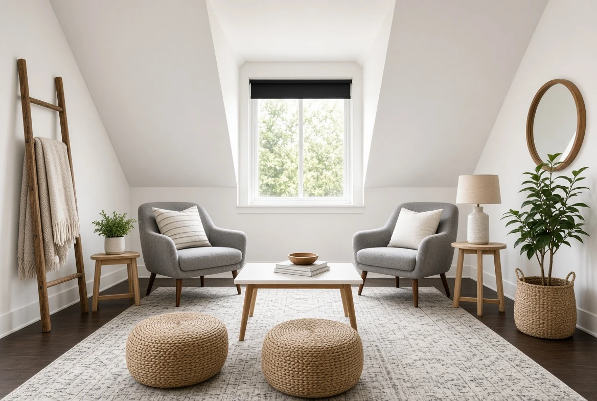 Bright attic room with two gray armchairs, coffee table, poufs, plants, and wooden decor.