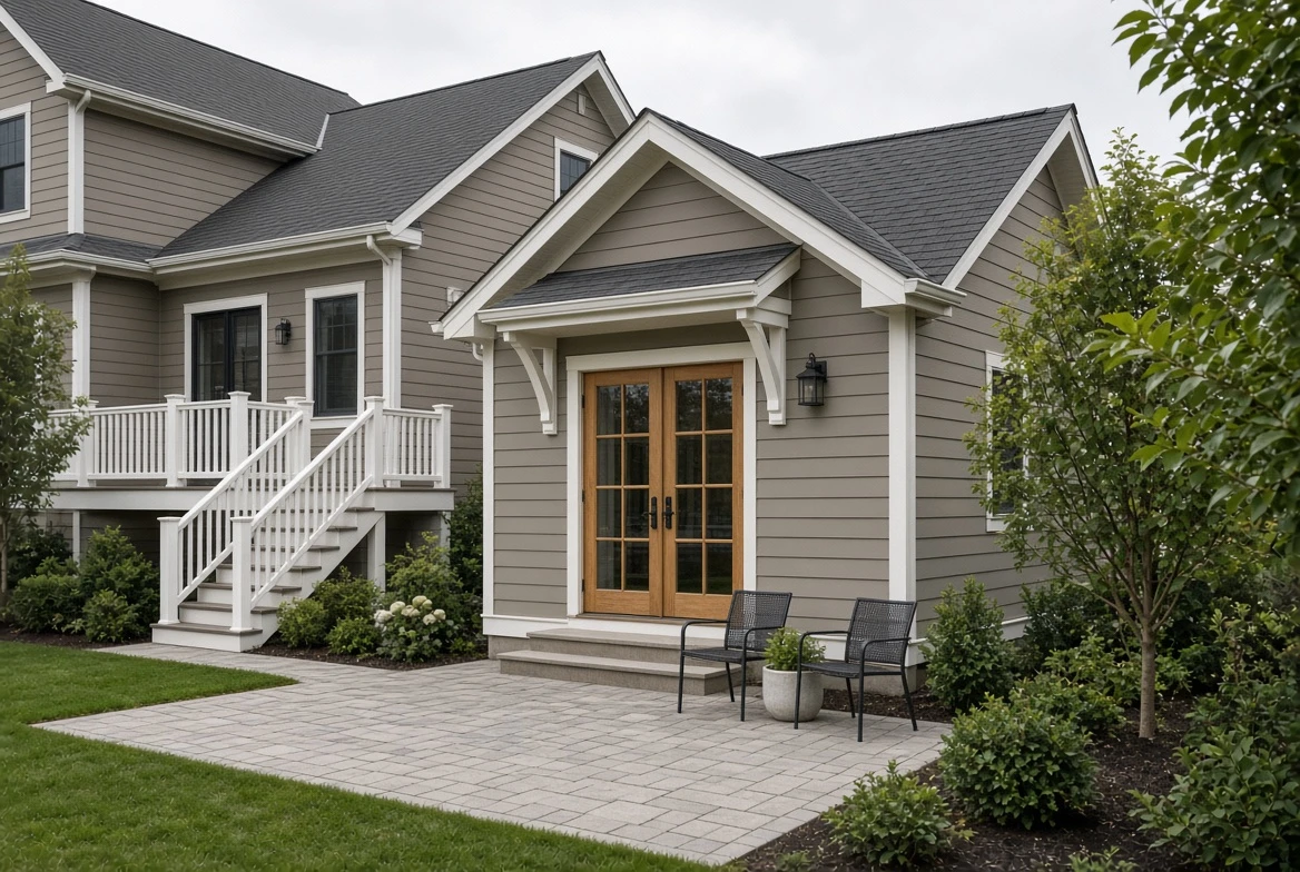 Gray single-story home addition with double wooden doors and a small patio with two chairs.