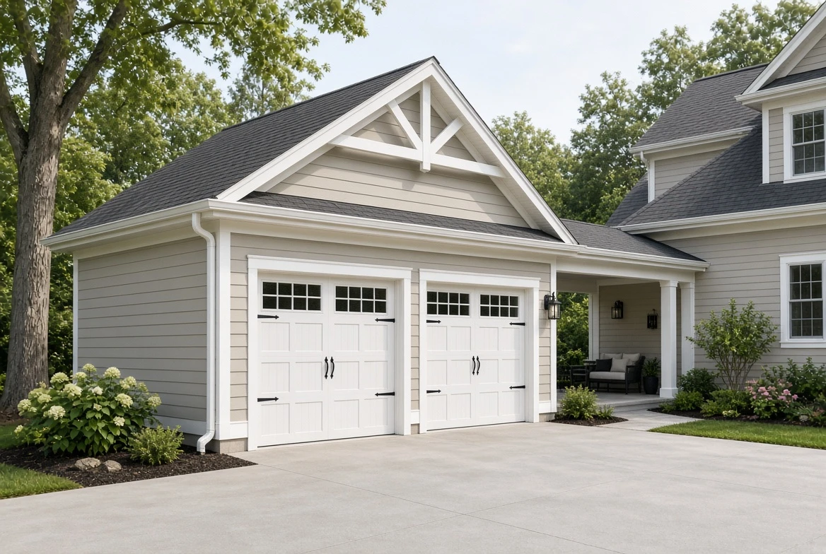 House with beige siding and two white garage doors connected to a covered porch and surrounded by trees.