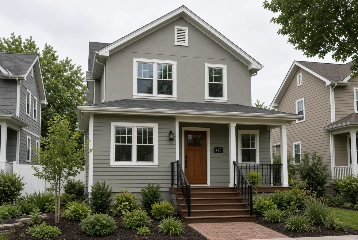 Two-story gray house with a wooden front door, black railings, and landscaped front yard.