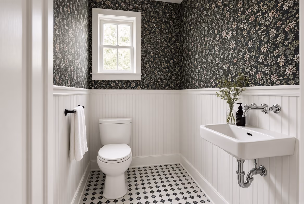 Small bathroom with floral wallpaper, white beadboard wainscoting, black and white tile floor, toilet, and wall-mounted sink.