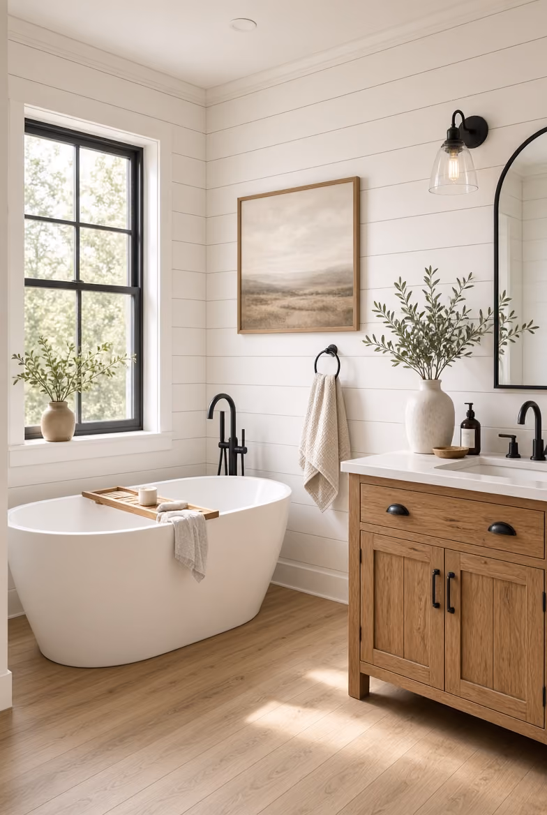 Modern rustic bathroom with a freestanding white tub, wooden vanity, and plants in vases.