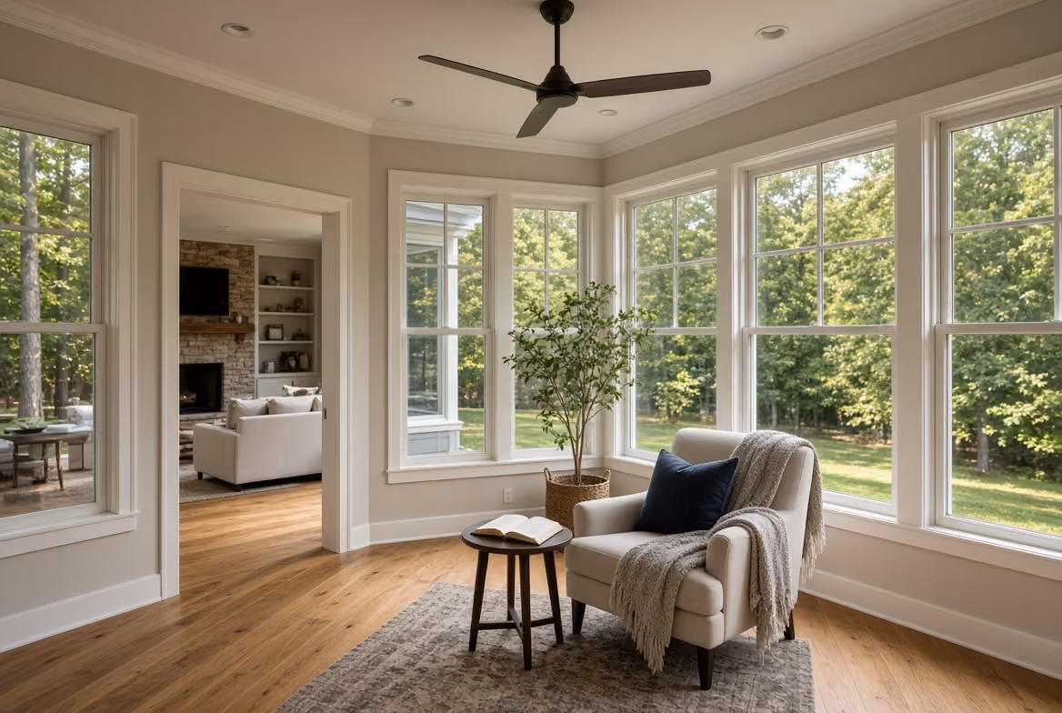 Cozy sunroom with beige armchair, dark blue pillow, throw blanket, small table with open book, and large windows.