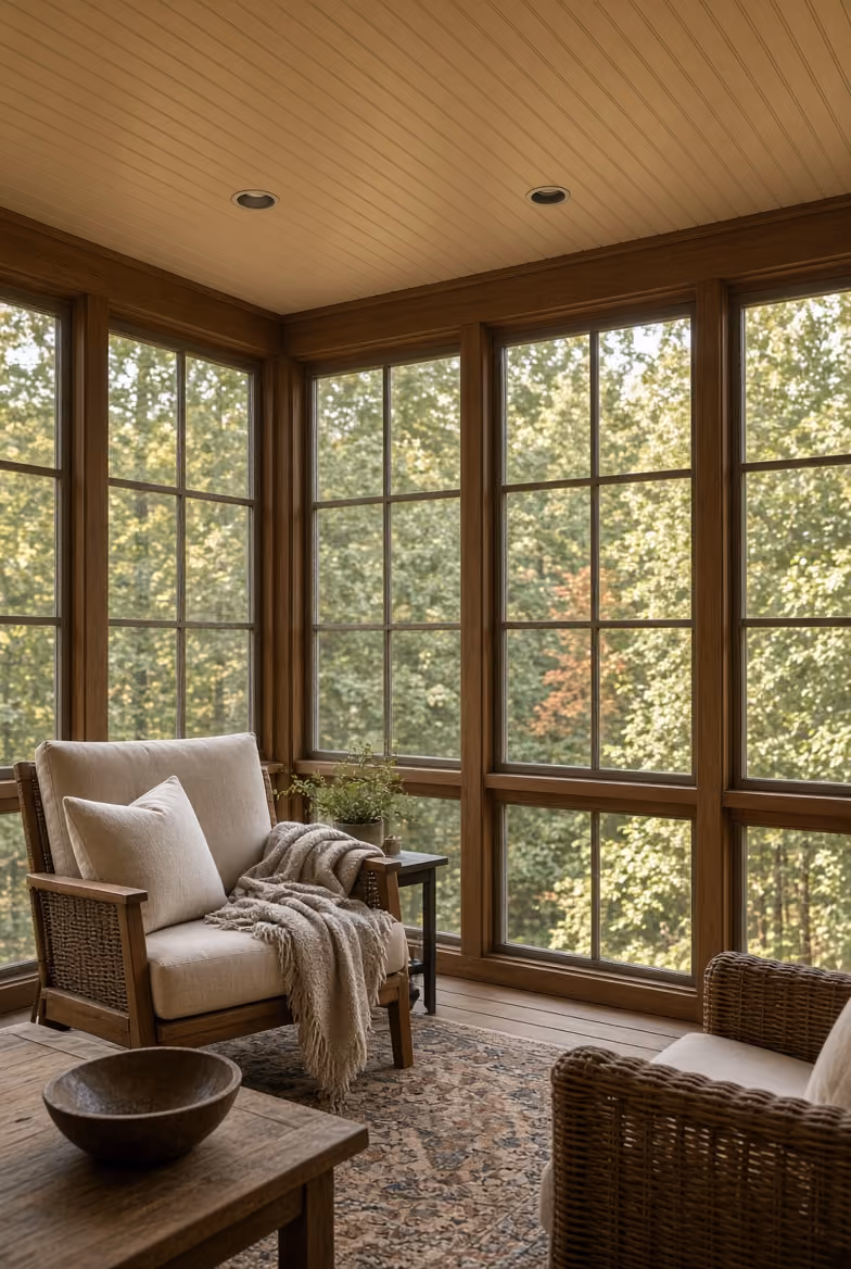 Sunroom with large wooden windows, cushioned armchairs, a throw blanket, side table, and decorative bowl.