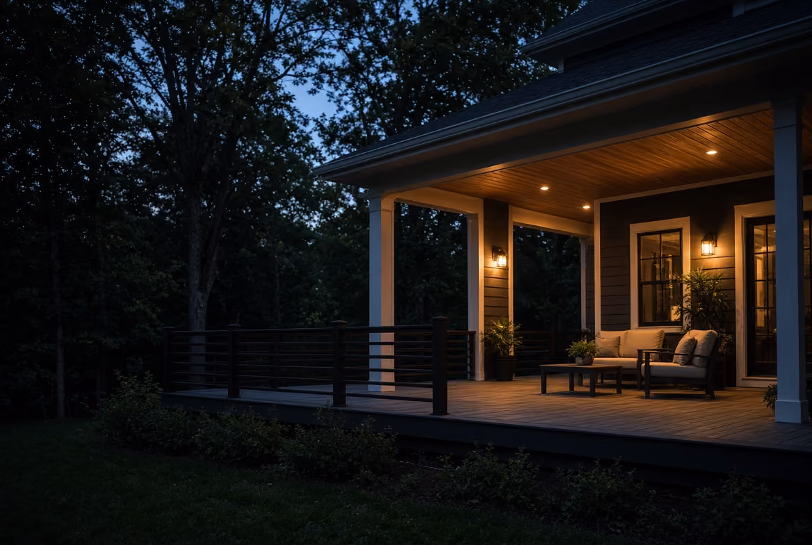 Cozy porch at dusk with warm lights, seating, and plants overlooking a dark wooded area.