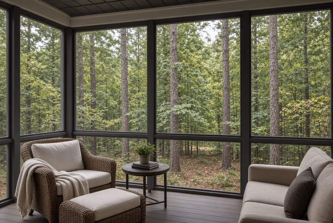 Screened porch with wicker armchair, ottoman, beige sofa, side table, and a forest view.