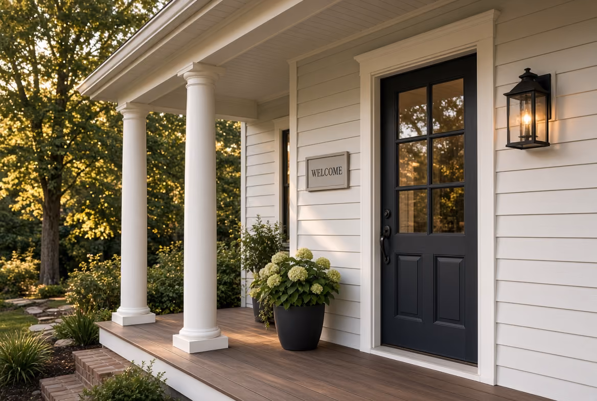 Cozy front porch with white columns, a black door, glowing lantern, and green potted plants at sunset.