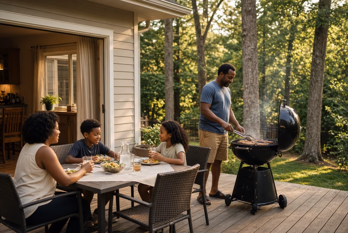 Man grills food outside on a porch while woman and two children sit at table eating.