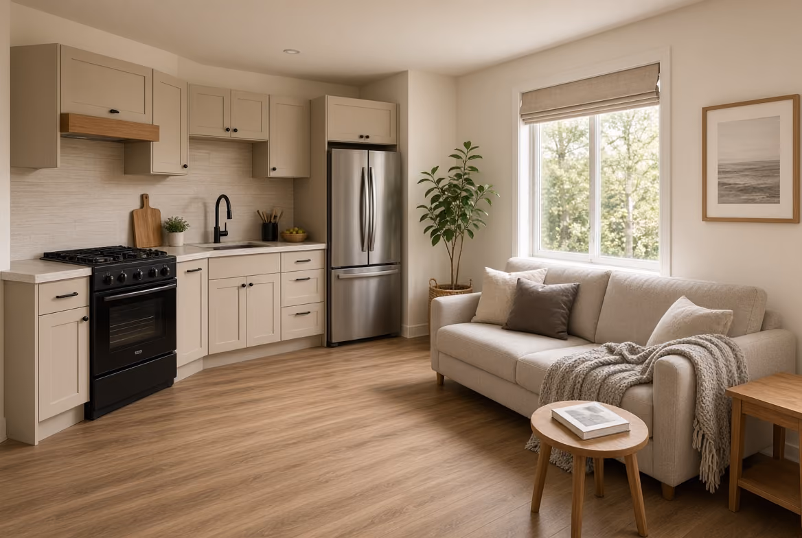 Modern small kitchen with beige cabinets, stainless fridge, black stove, beige sofa, and wooden floor.