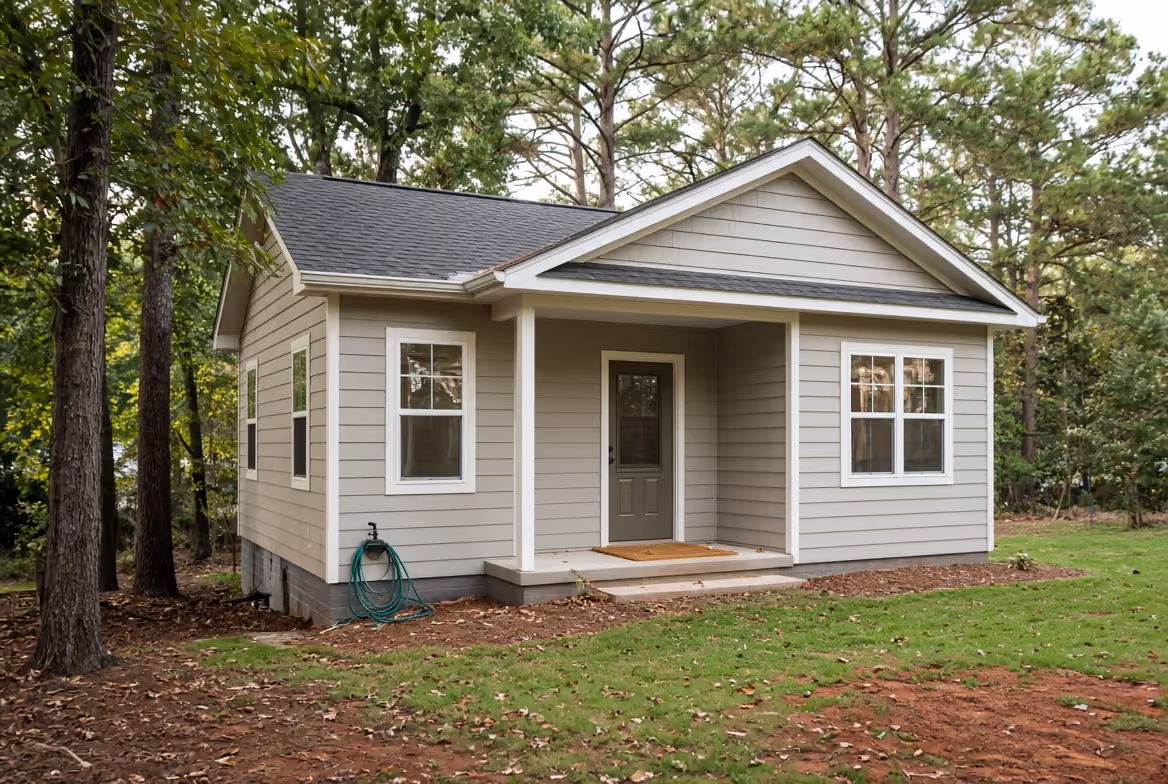Small detached house with beige siding, three white-trimmed windows, and a covered front porch.