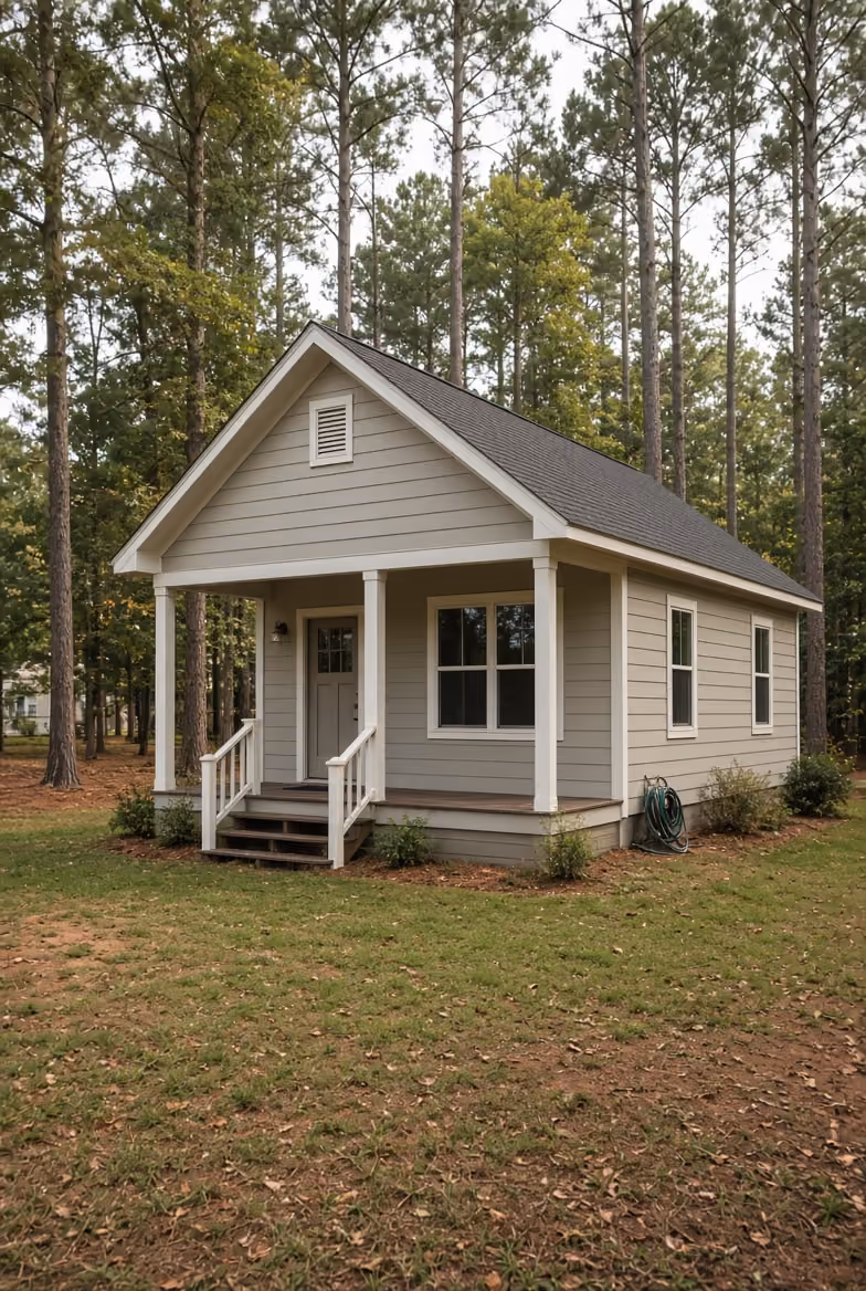 Small beige detached house with front porch and steps surrounded by trees and grass.