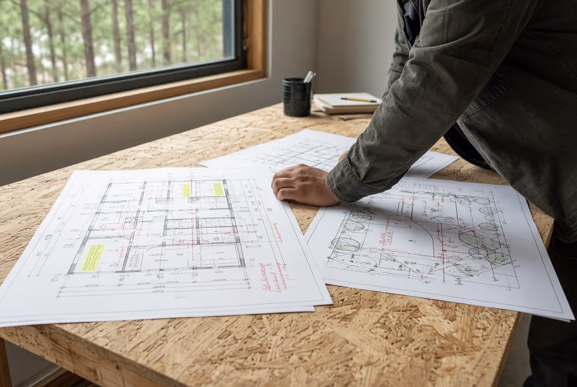 Person reviewing architectural blueprints with notes on a wood table near a window.