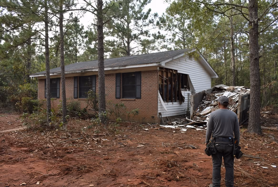 Worker standing near a partially demolished brick and siding house in a forested area with debris piled outside.