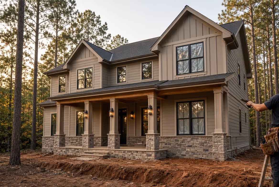 Two-story custom home under construction surrounded by trees with stone and wood exterior.