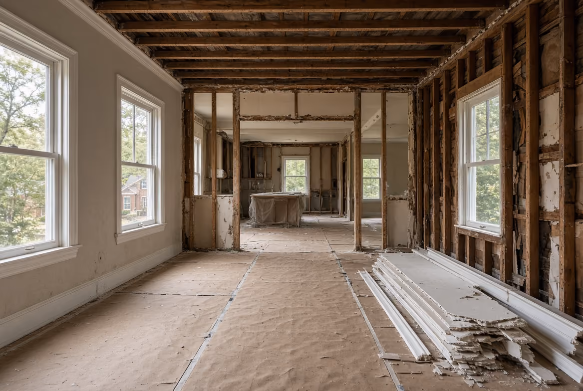 Interior of a house stripped to wooden studs with windows and stacked drywall sheets on the floor.