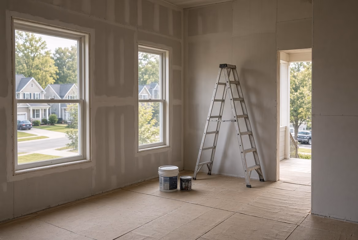 Empty room under renovation with drywall, two windows, a ladder, and two paint buckets on the floor.