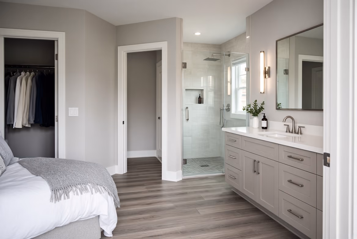 Modern bedroom with gray bed, walk-in closet, and bathroom featuring glass shower and vanity.
