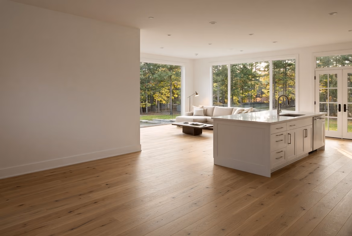 Spacious living room with large windows, vaulted ceiling, stone fireplace, and neutral-toned furniture.