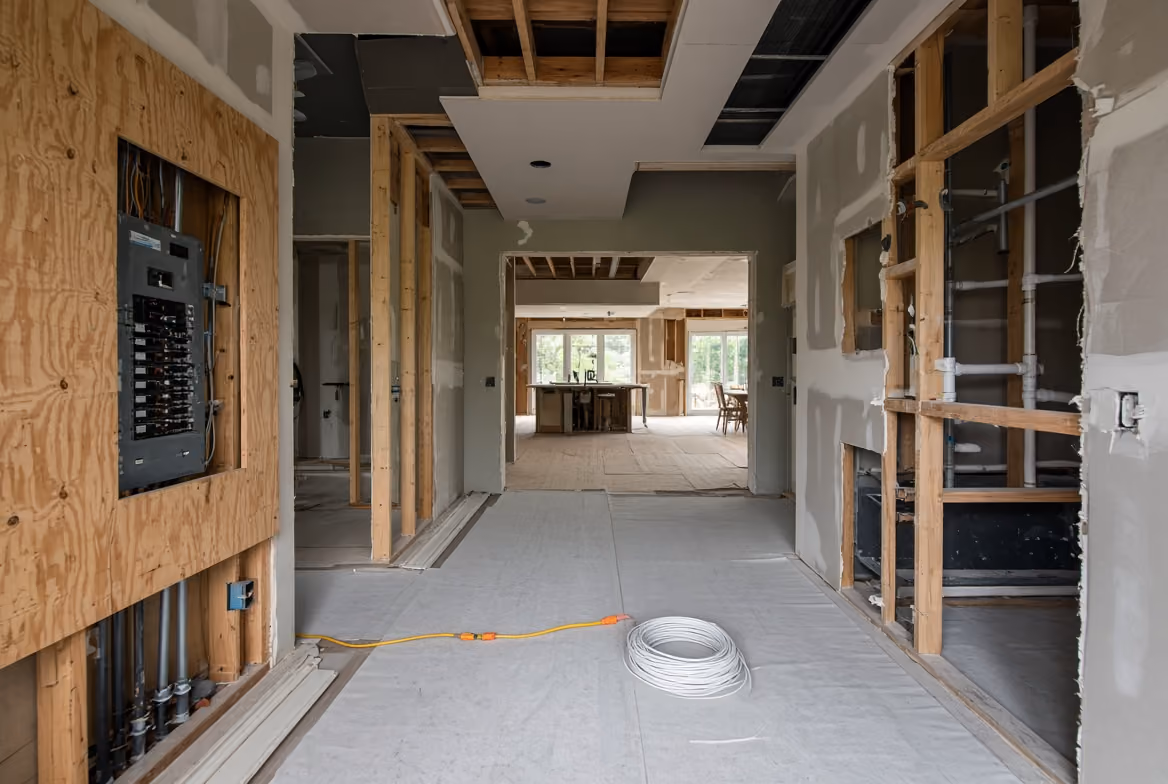 Interior of a house under renovation with exposed wall studs, wiring, and unfinished floors.