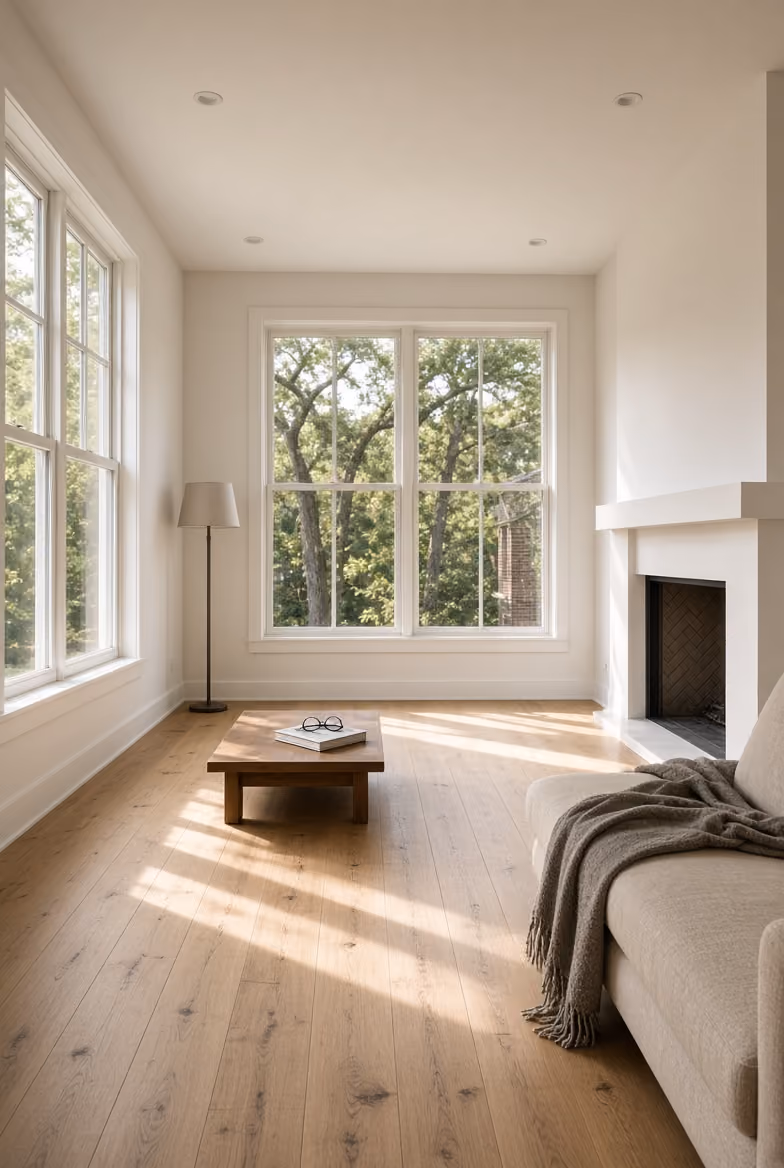 Minimalist living room with hardwood floor, large windows, a low wooden table, floor lamp, and a fireplace.