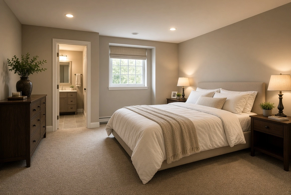 Neat bedroom with a large bed, beige walls, wooden dressers, lamps, and a window showing green trees.