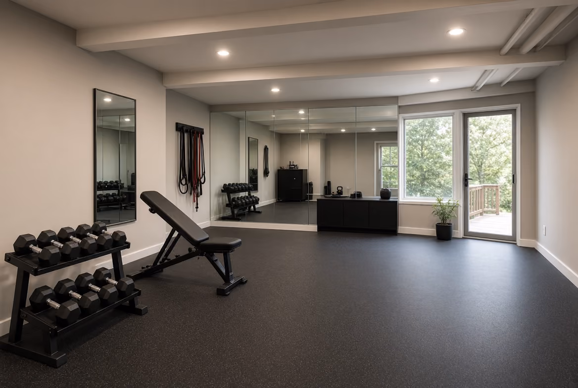 Modern home gym with adjustable bench, dumbbells, resistance bands, large mirrors, and a door to a deck.